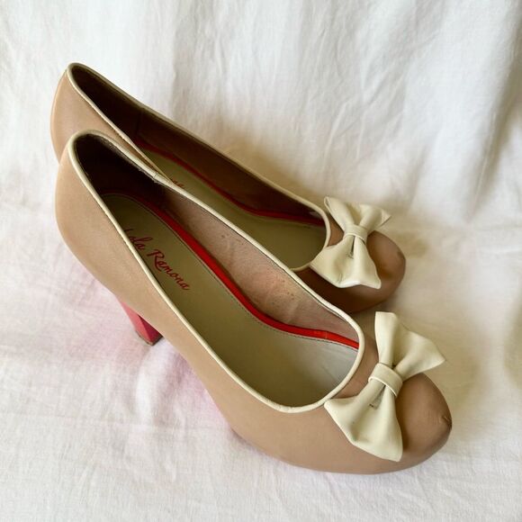 Tan Leather Bow pumps Lola Ramona platform heel women’s 8.5 - Picture 1 of 6